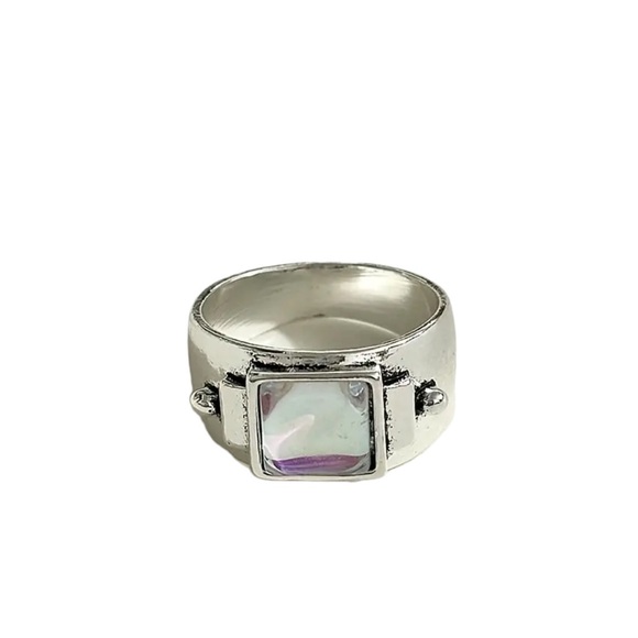 Boho Silver Geometric Ring with Moonstone Center - Picture 2 of 8